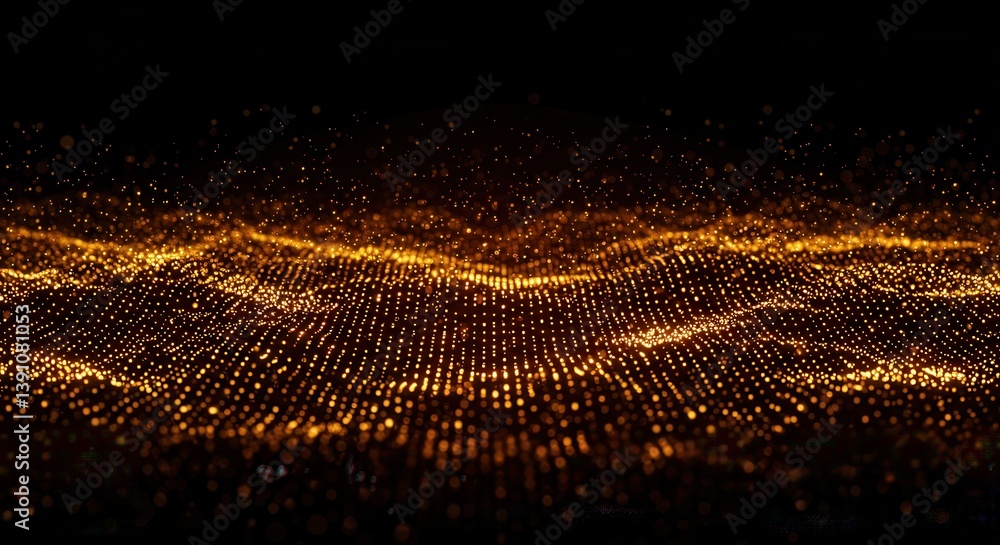 Poster golden glowing particles flowing across dark background abstract design