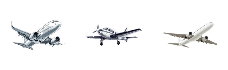 Obraz premium Aircraft takeoff and landing showcase aviation field illustrations. Cut out set