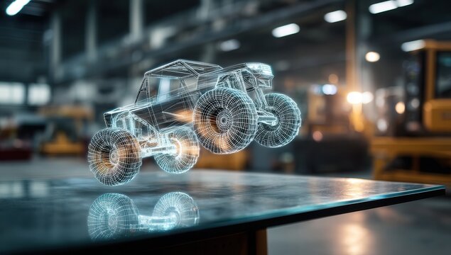 3D wireframe model of a truck in an industrial setting.