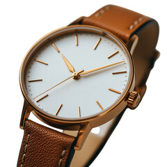 Minimalist Women's Wristwatch with Thin Gold Case and Brown Leather Strap Isolated on Transparent Background