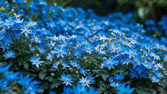 Lithodora diffusa flowering in a garden, creating a beautiful blue blossom carpet. The vivid blue petals stand out sharply against the lush green foliage.