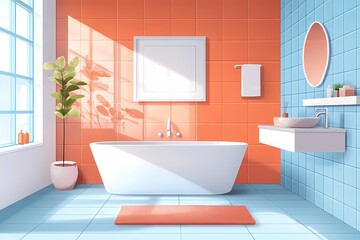 Modern Luxury Bathroom with Vibrant Colors - Elegant Interior Design Featuring Blue & Orange Accents, Natural Light, and Cozy Minimalist Decor