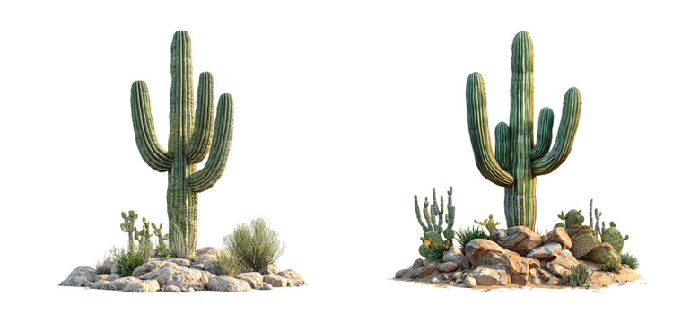 Lush Saguaro Cactus in Desert Landscape with Rocky Terrain and Succulents