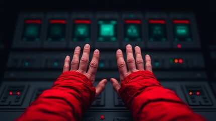 Hands on Control Panel Interface with Red Jumpsuit Sleeves Ready to Operate Complex Futuristic Technology, Buttons and Display.