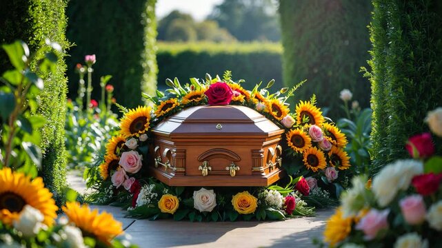 Grief and the Experience of Loss: A Wooden Coffin Elegantly Decorated with Floral Arrangements Before the Service