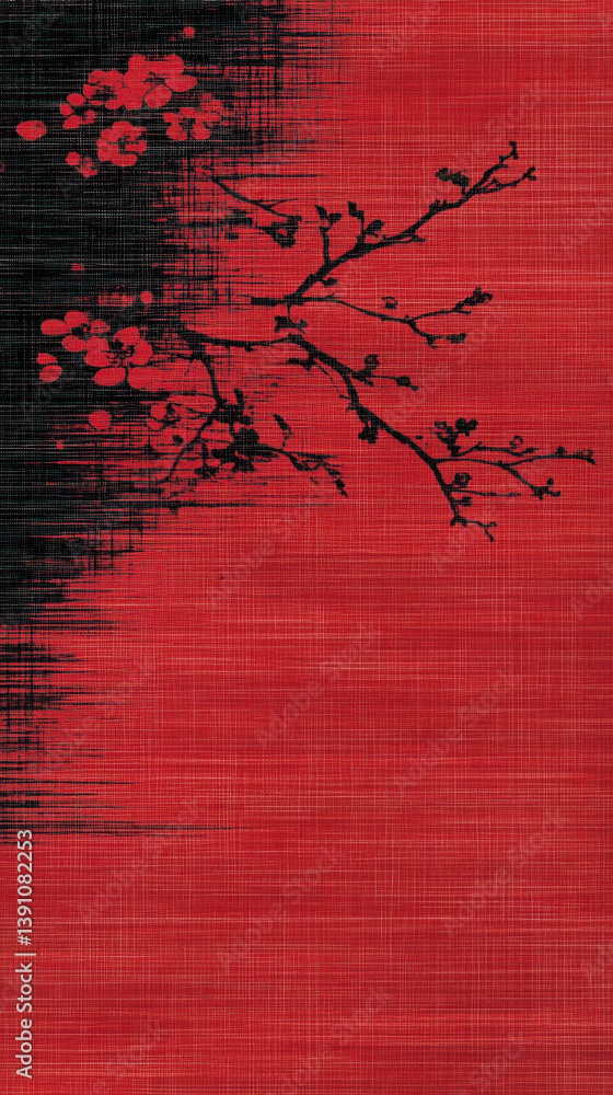 Poster a red and black painting of a tree with red leaves is displayed on a red background. the painting ha