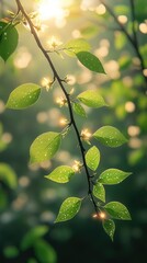 Delicate willow branches with fresh green leaves, soft pastel flowers in the background, warm sunlight filtering through, serene and peaceful atmos