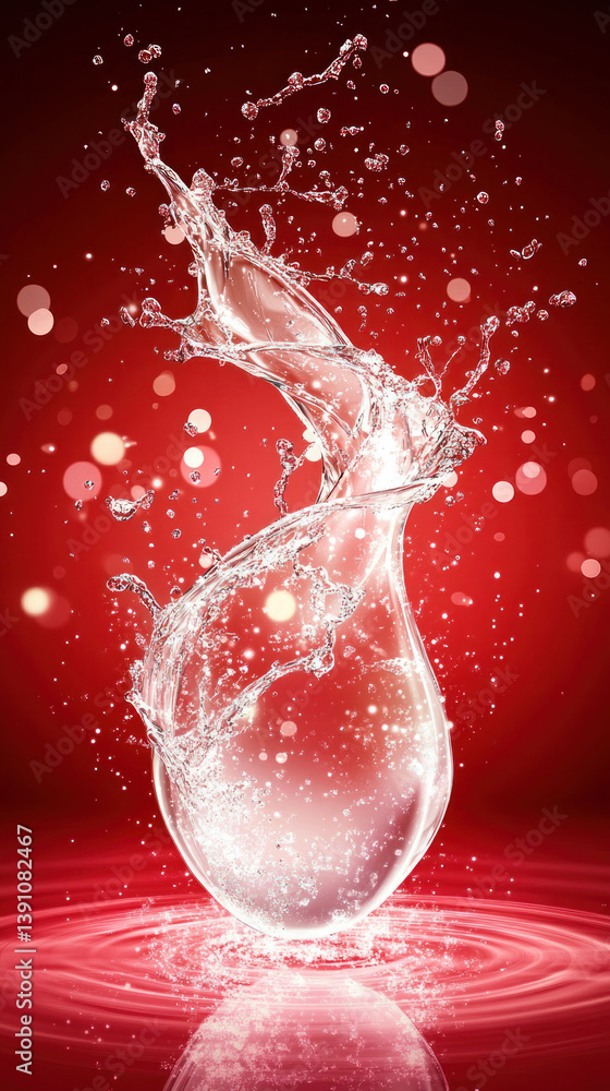 Poster a splash of water is shown in a red background. the water is white and the splash is in the shape of