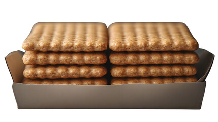 Stacked Brown Crackers in Cardboard Box Sweet Biscuit Snacks Closeup Food Photography
