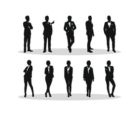 Business People Silhouettes. Man and woman lawyer model wearing suits silhouette bundle. Male and female counselor standing silhouette collection. 