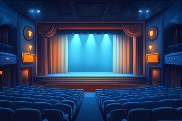 Fototapeta premium Theater Stage with Dramatic Lighting: Classic and Modern Performance Venue Featuring Curtains, Auditorium Seating, and Artistic Set Design 