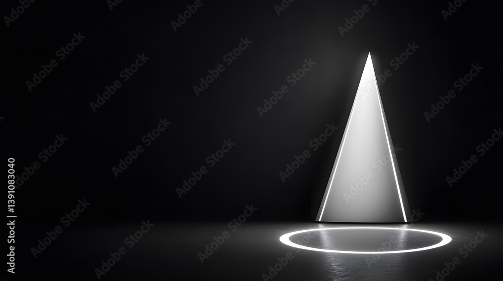 Poster A monochromatic image featuring a glowing triangular prism with a circular base illumination on a dark background