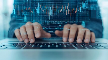 Hands Typing on Laptop with Data Visualization Overlay for Technological Advancement and Innovation.
