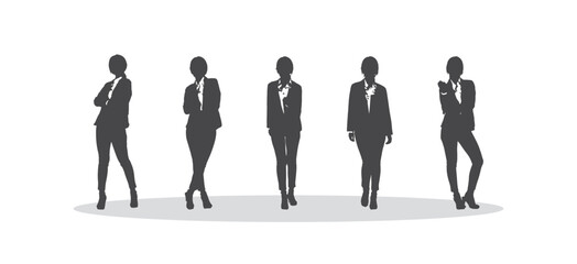 Business women silhouette. Vector realistic illustration of diverse multinational standing cartoon women in formal office outfits. Isolated on white background.