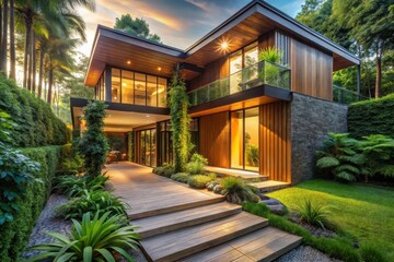 Fototapeta premium Modern Architectural Design Featuring Luxurious Outdoor Living Spaces with Lush Greenery and Wooden Accents at Dusk