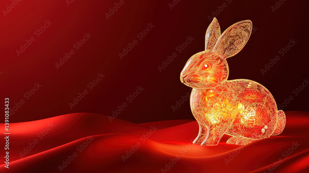 Poster a rabbit is sitting on a red background. the rabbit is lit up and he is glowing