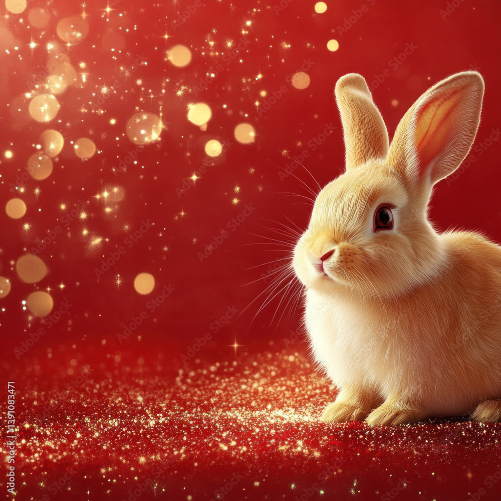 Poster a rabbit is sitting on a red background with a lot of sparkles. the rabbit is the main focus of the 