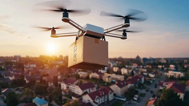 Delivery drone transporting package over suburban neighborhood during sunset