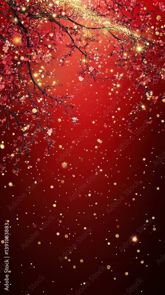 Aufkleber a red background with a tree branch and a lot of glitter. the glitter is falling from the branch and