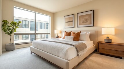A modern bedroom with a minimalist bed frame and neutral-colored linens, featuring a large window with natural light streaming in.