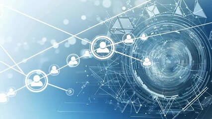 Abstract technology networking connections between people icons, data transmission, , geometric shapes. Concentric circles , lines overlay blue background suggesting connectivity , digital innovation. - Powered by Adobe