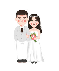 Adorable Cartoon Newlywed Couple in Simple Wedding Attire