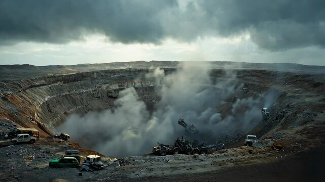 Massive excavation site reveals machinery and debris in a deep pit under a cloudy sky