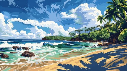 Naklejka premium Vibrant Tropical Beach Scene Palm Trees Ocean Waves and Sunny Sky