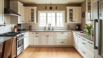 Fototapeta premium A Scandinavian-style kitchen with clean lines, white cabinetry, and natural wood accents, featuring simple, functional design elements and ample light.