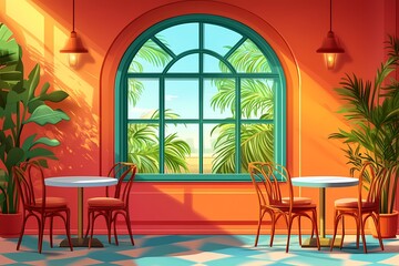 Fototapeta premium Modern Tropical Restaurant Interior with Vibrant Decor and Geometric Patterns – Creative and Cozy Seating Arrangement Under Natural Sunlight