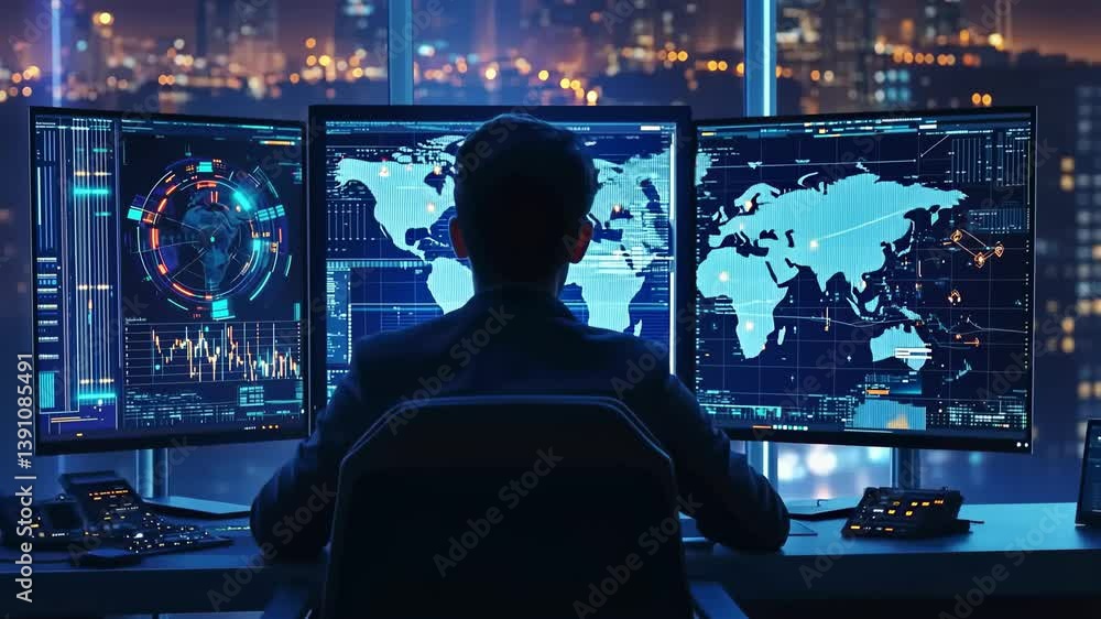 Poster The image shows person working at desk with multiple monitors. The screens are filled with graphics , data, with what appear to be world maps. A cityscape glows in background, creating sense of depth.