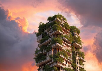 Vertical garden skyscraper under dramatic sunset sky.