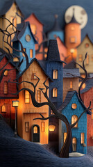 Whimsical Paper Art: Illuminated Buildings in Moonlit Halloween Scene with Decor and Fantasy Elements