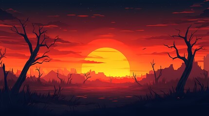 Dramatic Sunset Landscape Vector Illustration: Capturing a Dreamy Environment With Warm Colors