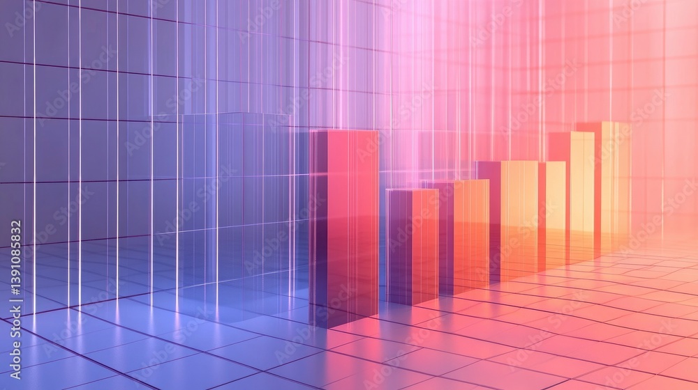 Poster a side view of a d bar chart with translucent bars and a grid background, illustrating detailed data