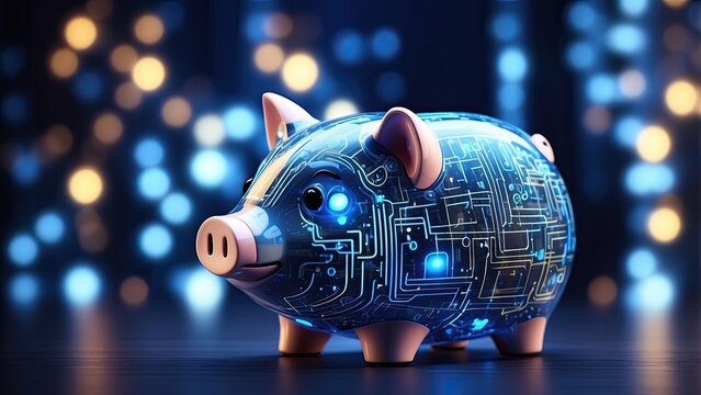 A glowing, digital-style piggy bank with binary code patterns on its surface