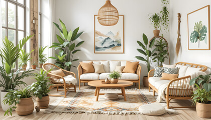 Fototapeta premium Sunlit Living Room with Rattan Furniture, Lush Greenery, and Abstract Art