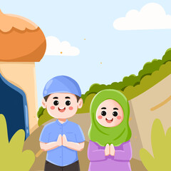 Joyful Muslim Children Greeting Near Mosque, Sunny Day Illustration