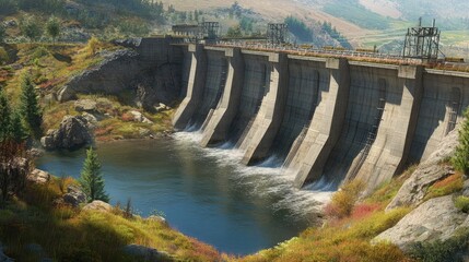 A view from the top of a dam looking down into the reservoir below, with the surrounding landscape and the dam's structure providing a dramatic perspective.