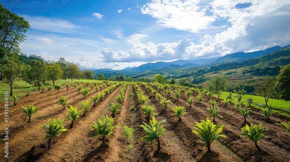 Poster a wide shot of a reforestation project with rows of newly planted trees in a cleared field, showing 