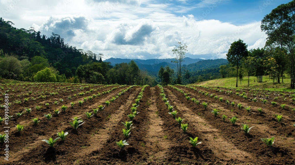Aufkleber a wide shot of a reforestation project with rows of newly planted trees in a cleared field, showing 