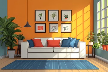 Modern Cozy Living Room Interior Design with Vibrant Sofa, Artistic Wall Decor, and Greenery - Homey and Inviting Space