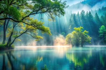 Fototapeta premium Serene lake reflecting sunlit trees and misty mountains in a tranquil landscape