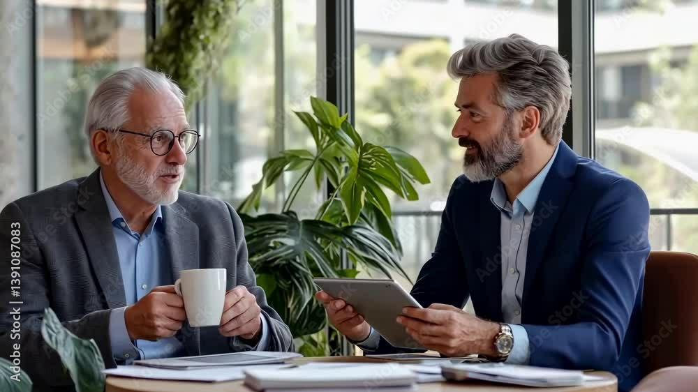 Aufkleber two middle-aged businessmen meet at table in bright, plant-filled office space. one holds tablet whi