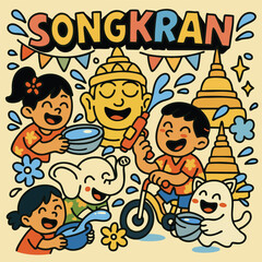 Colorful Songkran celebration with kids and Buddha