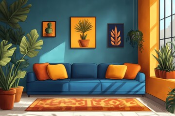 Cozy and Modern Living Room Interior with Bright Colorful Decor, Potted Plants, and Natural Sunlight