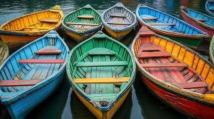 Obraz premium Colorful painted wooden boats floating on a tranquil dark water surface