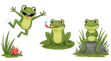 Three green frogs with different actions on a white background.