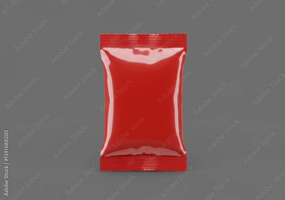 Poster a single red glossy sealed packet centered on a gray background with studio lighting effects
