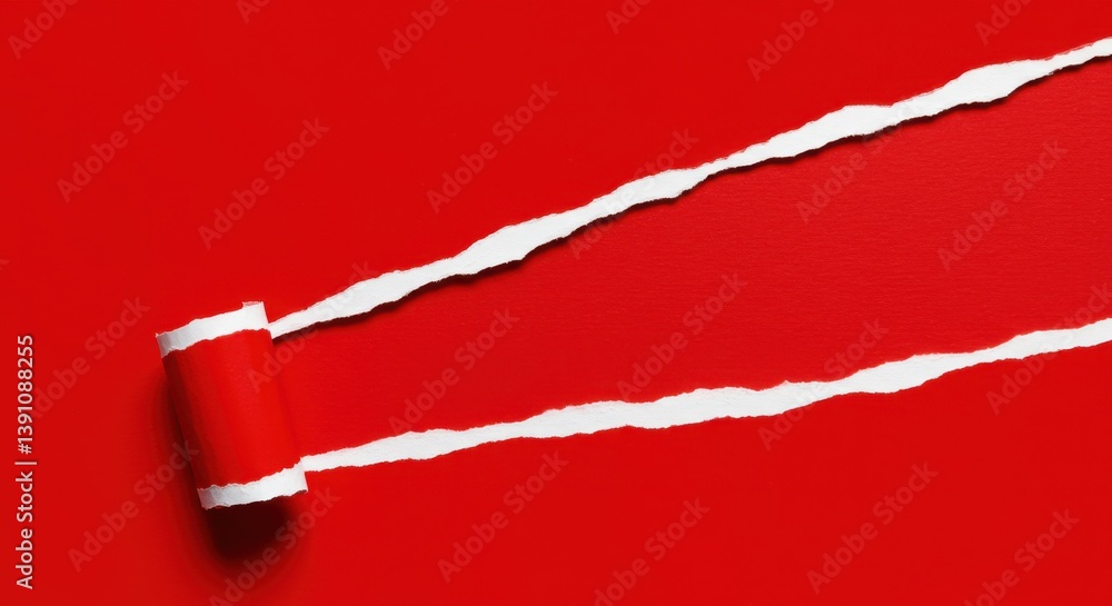 Poster a vibrant red background with two white torn edges revealing a hidden layer and rolled paper edge